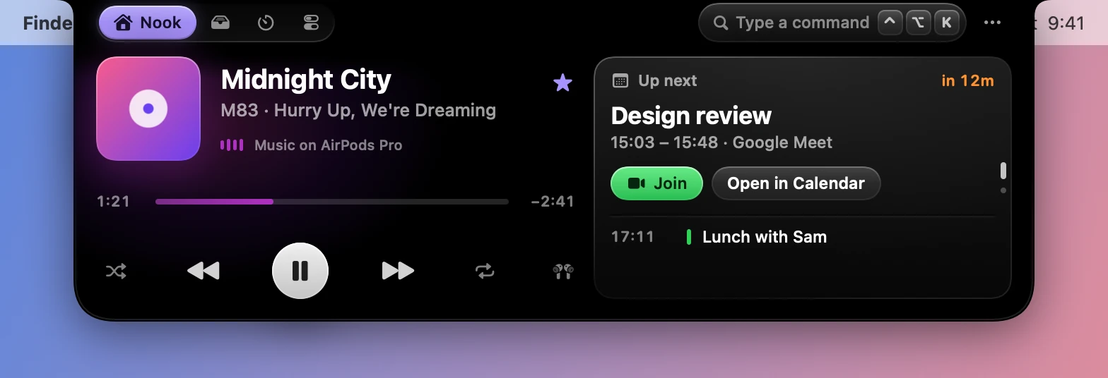 The open notch on the Nook tab: the music player beside the next calendar event.