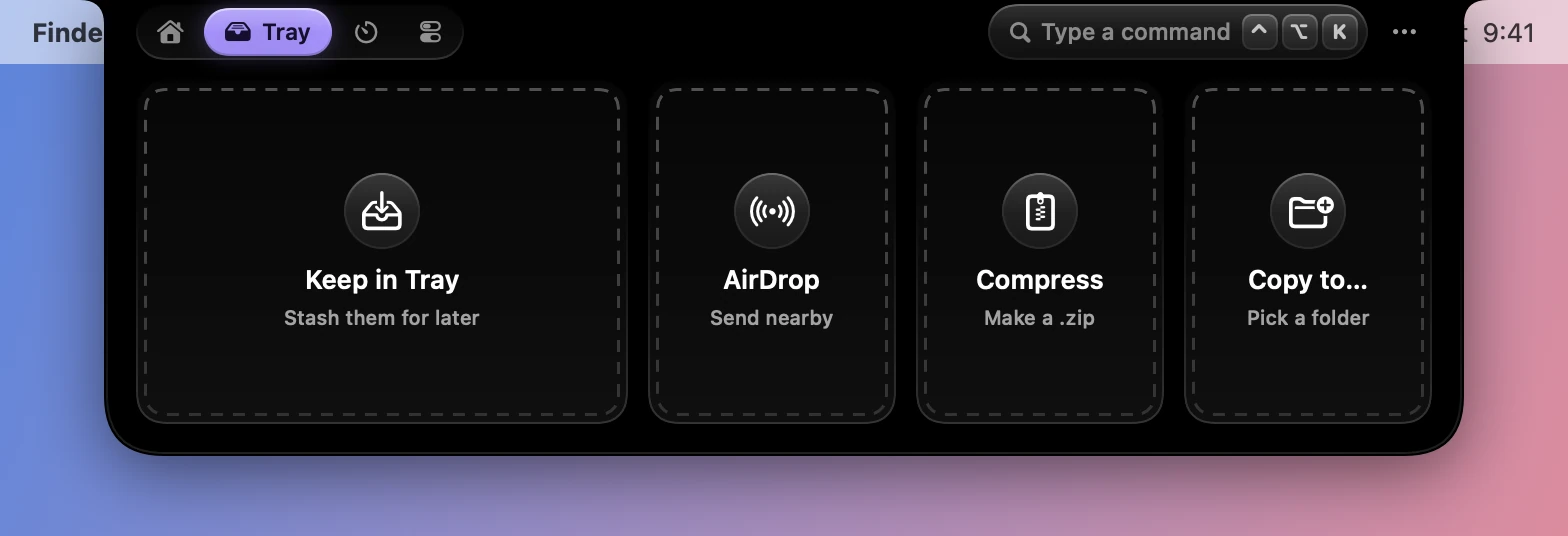 The four drop zones: Keep in Tray, AirDrop, Compress and Copy to.