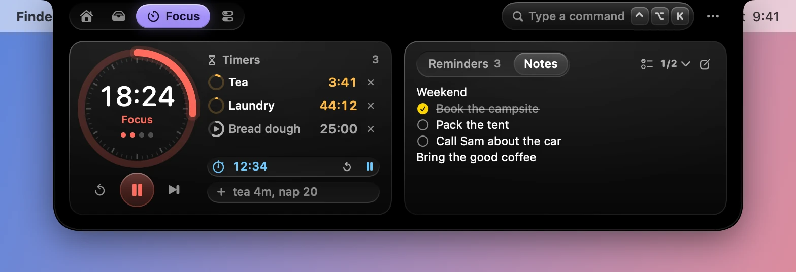 The Focus tab with a note called Weekend, a checklist with one item ticked off.