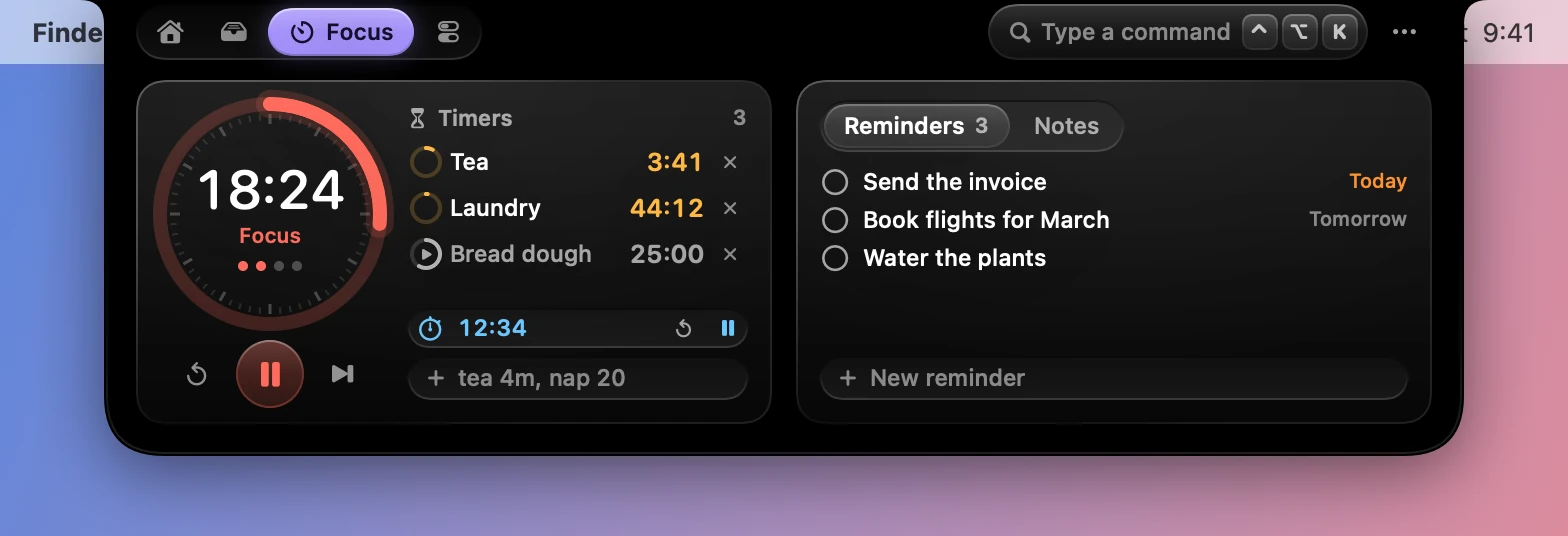 The Focus tab: a Pomodoro dial, named timers and reminders.