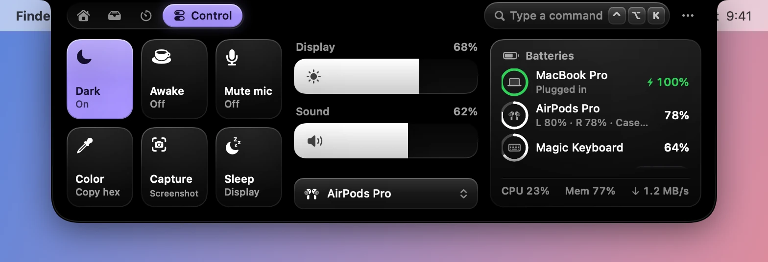The Control tab: toggle tiles, display and sound sliders, and battery rings.
