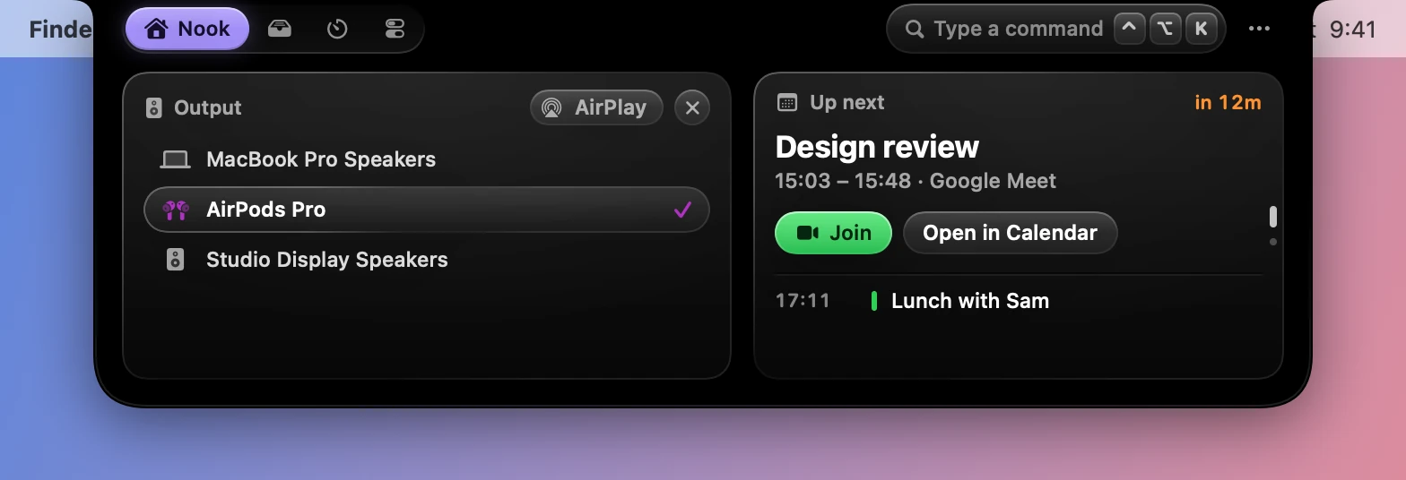 The Output list over the player, showing MacBook Pro Speakers, AirPods Pro with a check mark and Studio Display Speakers, with an AirPlay button.