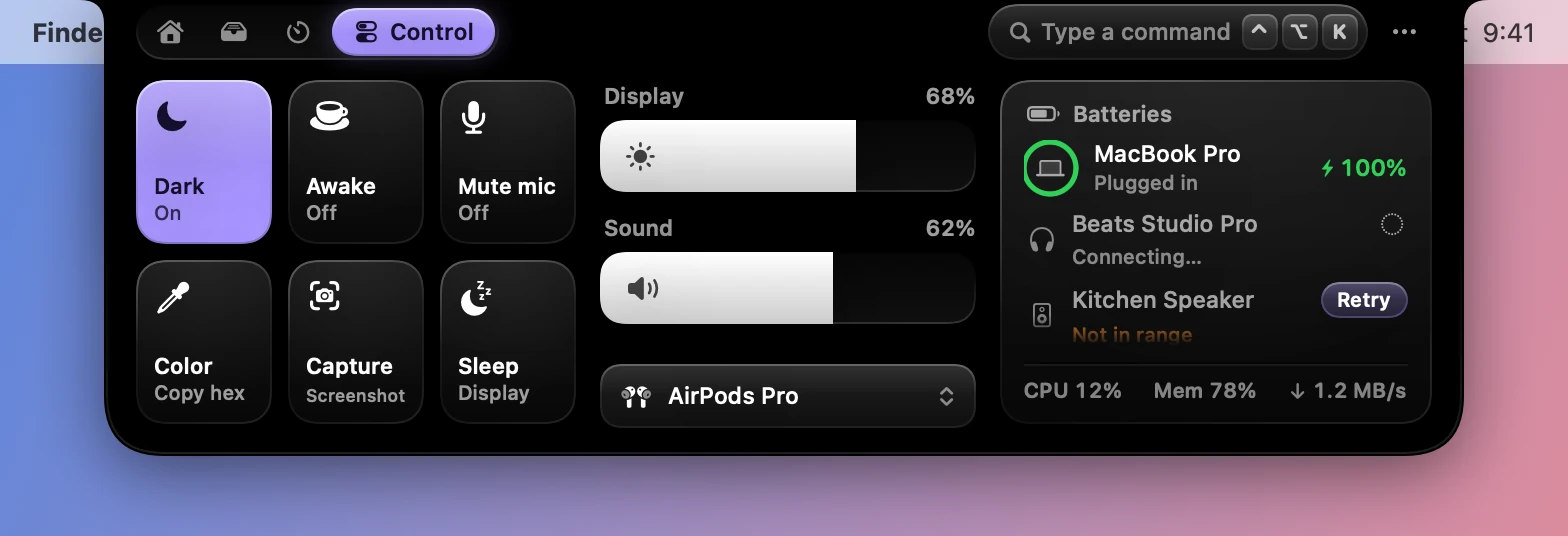 The batteries card with Beats Studio Pro connecting, and Kitchen Speaker not in range with a Retry button.