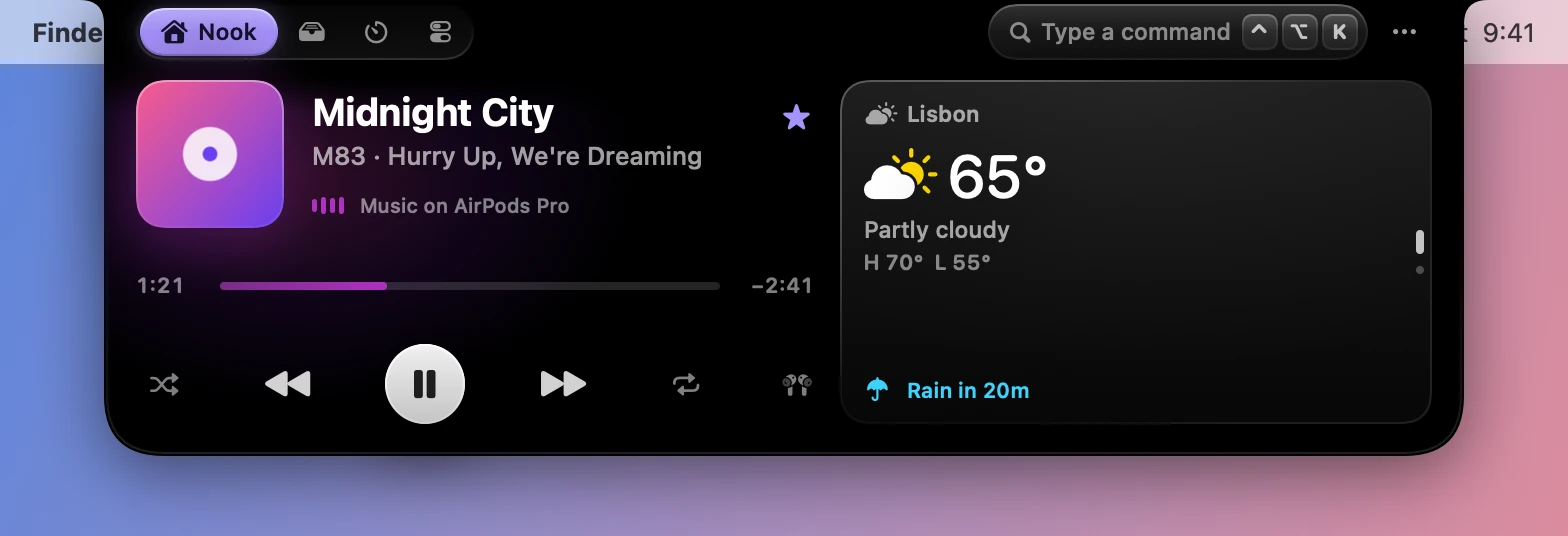 The Nook with the Weather widget for Lisbon, 65 degrees and partly cloudy, with rain in 20 minutes.