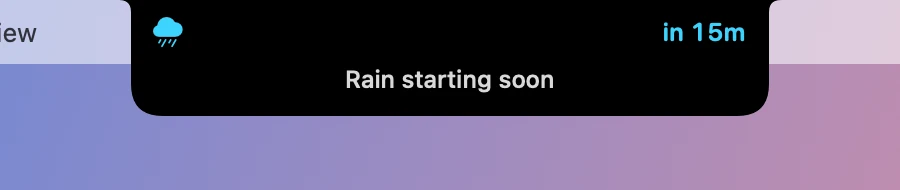 The closed notch saying rain is starting soon, in 15 minutes.