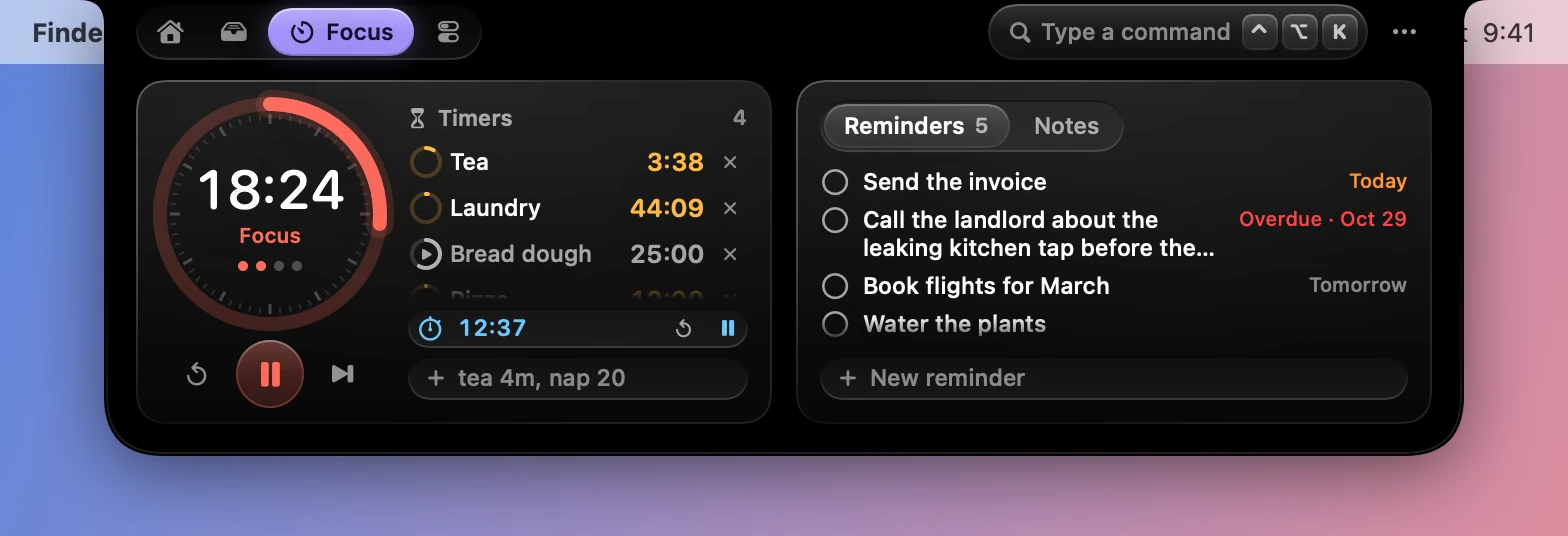The Focus tab with four timers, and reminders including one overdue and one with a long title.