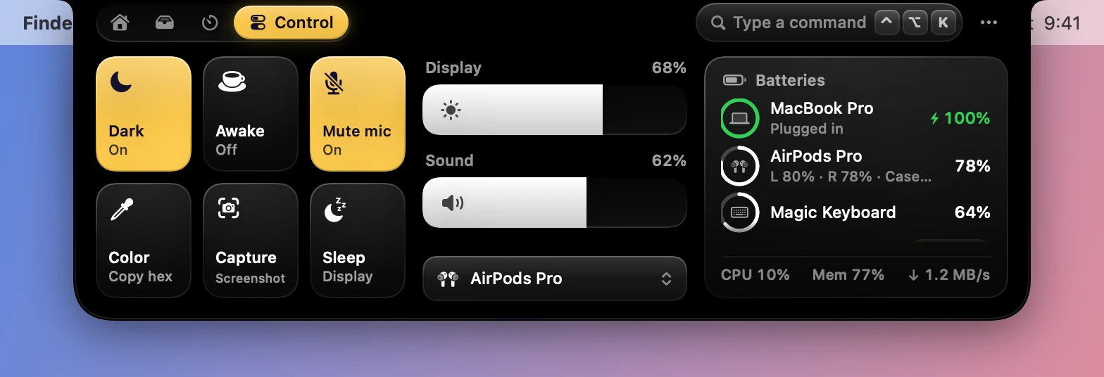 The Control tab in the Yellow accent.