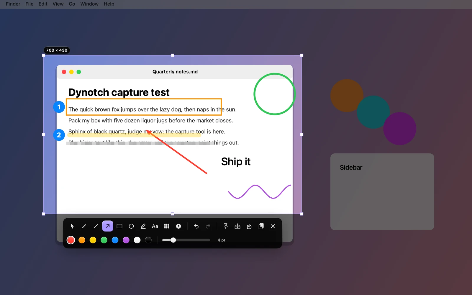 The capture editor over a frozen screen, with a region selected and marked up with a rectangle, a circle, an arrow, numbered badges, blurred text and a handwritten line, and a toolbar under the selection.