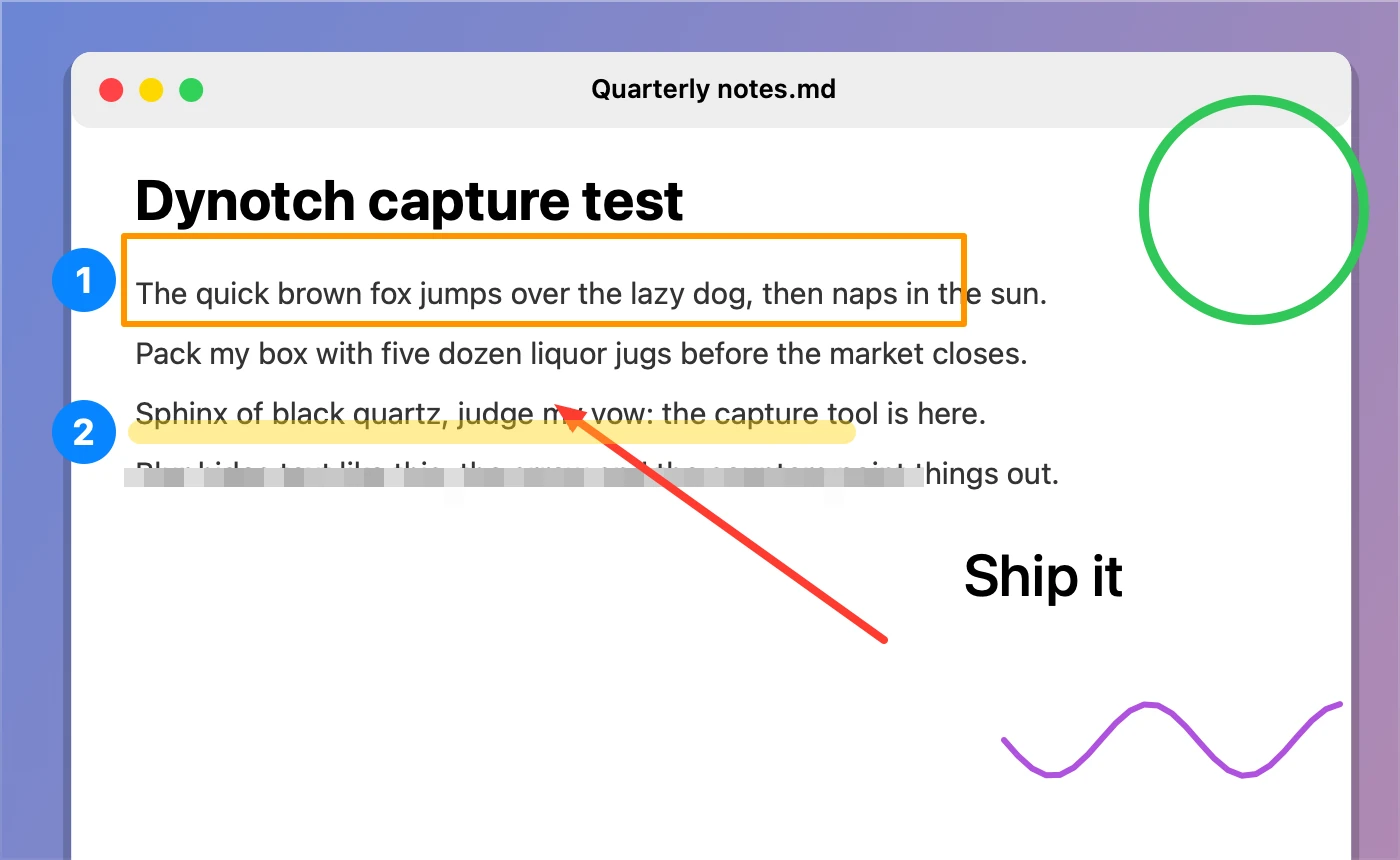 A pinned capture floating as its own window, with its markup in place.