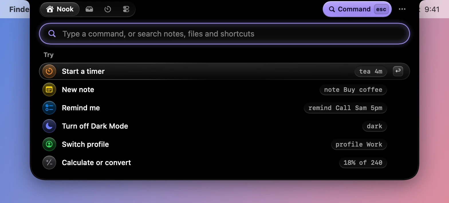 The command field open and empty, suggesting a timer, a note, a reminder, Dark Mode, a profile and a sum.