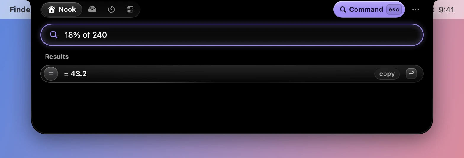 The command field with 18% of 240 typed in, answering 43.2.