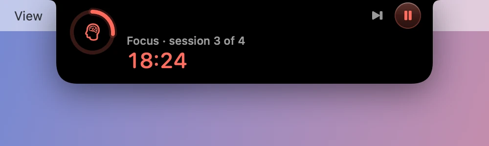 The glance on the Pomodoro, showing Focus, session 3 of 4, 18:24, with skip and pause buttons.