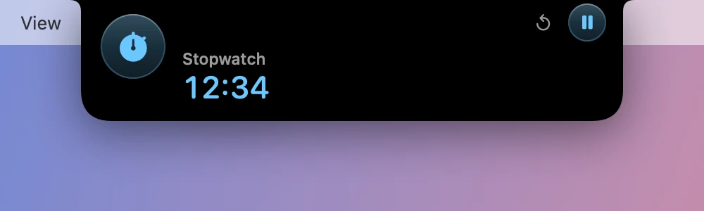 The glance on the stopwatch, at 12:34, with reset and pause buttons.