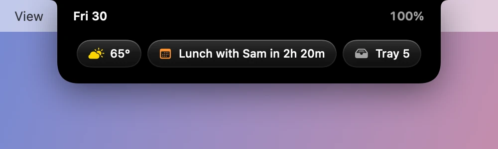 The glance showing Friday 30, the battery, the next event and five files in the Tray.
