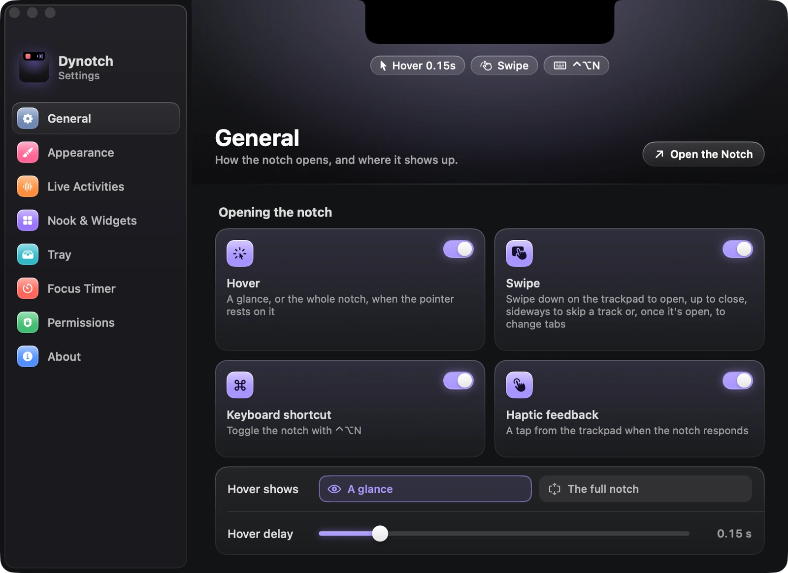 The General page of Dynotch's Settings.