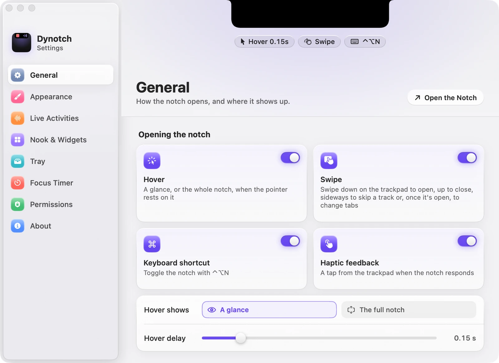 The General page of Dynotch's Settings.