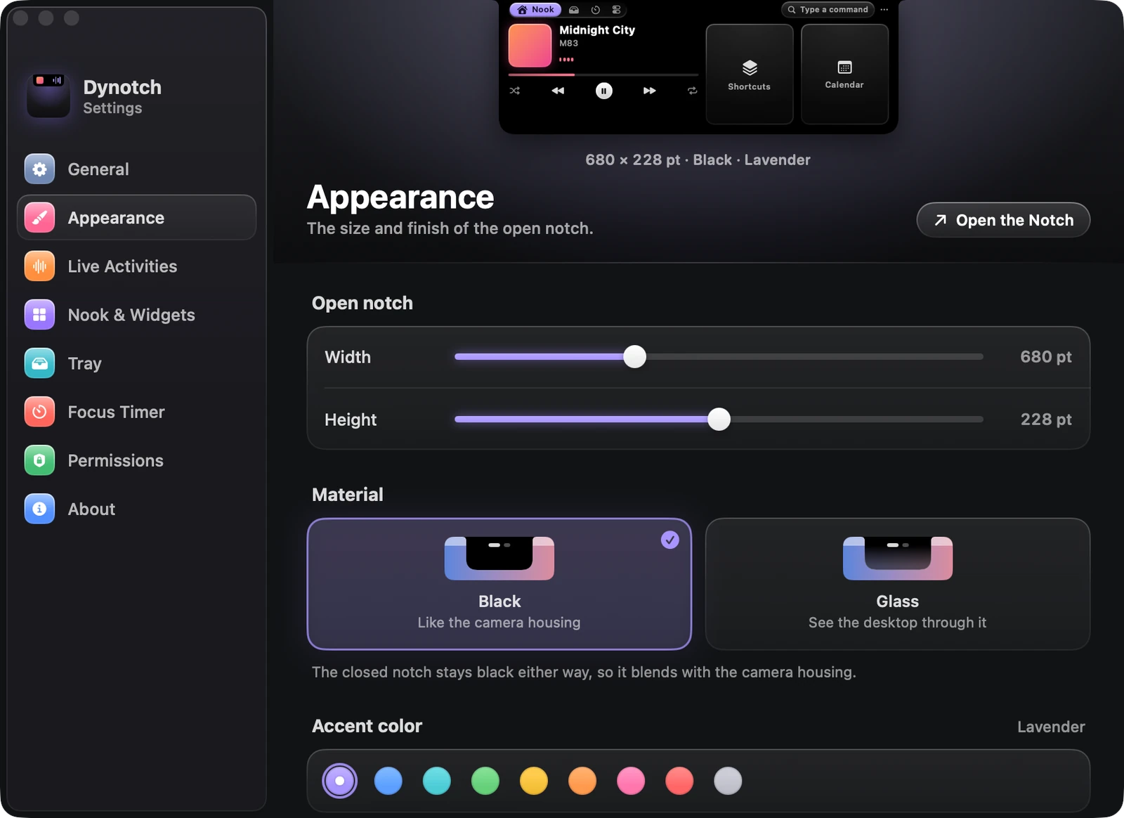 The Appearance page of Dynotch's Settings.