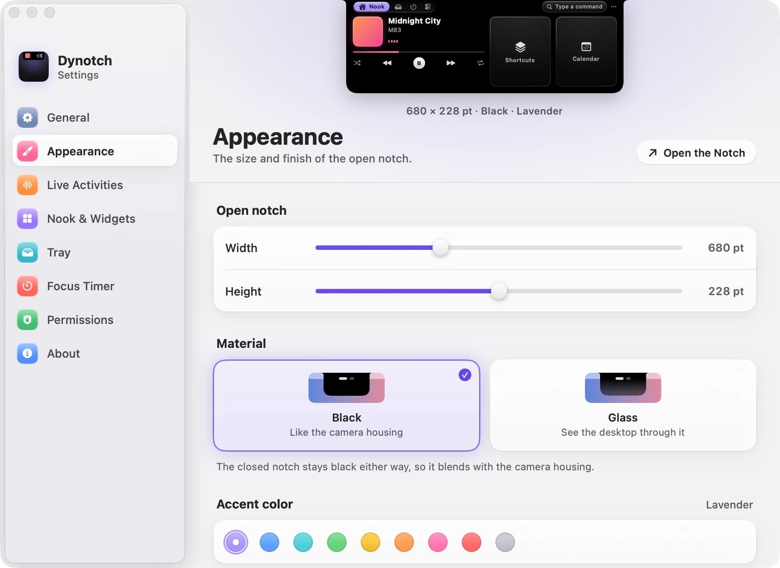 The Appearance page of Dynotch's Settings.