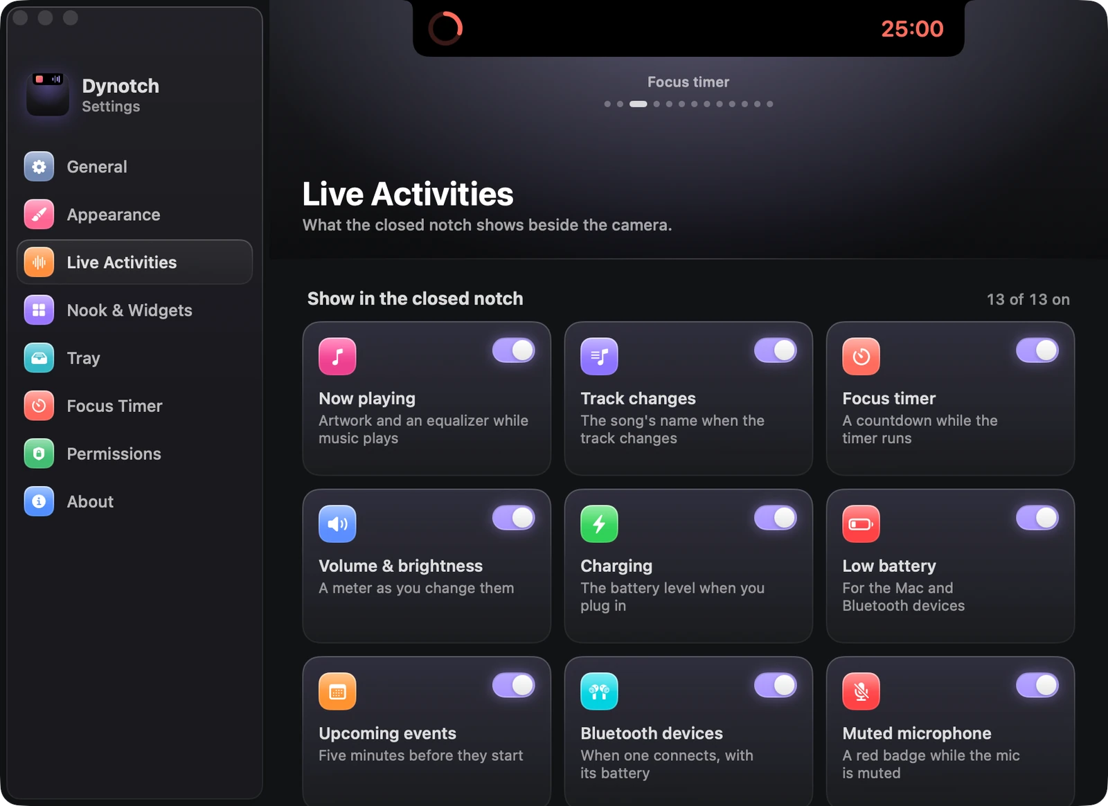 The Live Activities page of Dynotch's Settings.