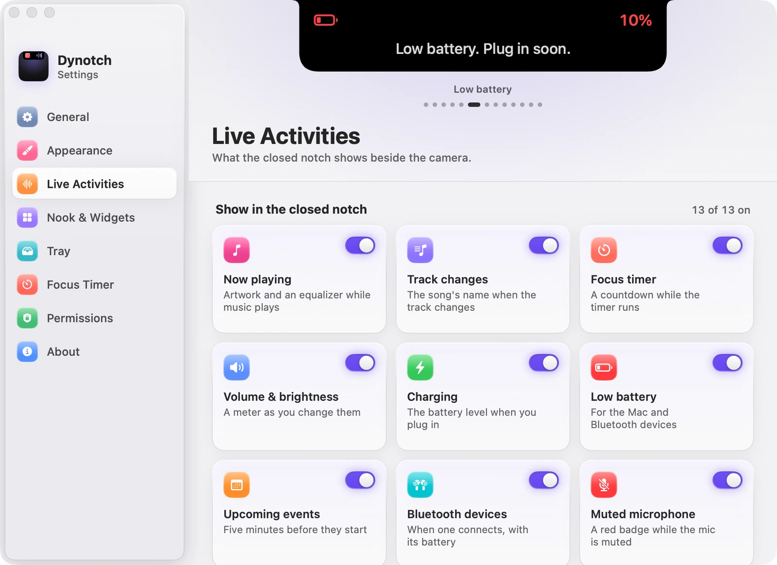 The Live Activities page of Dynotch's Settings.