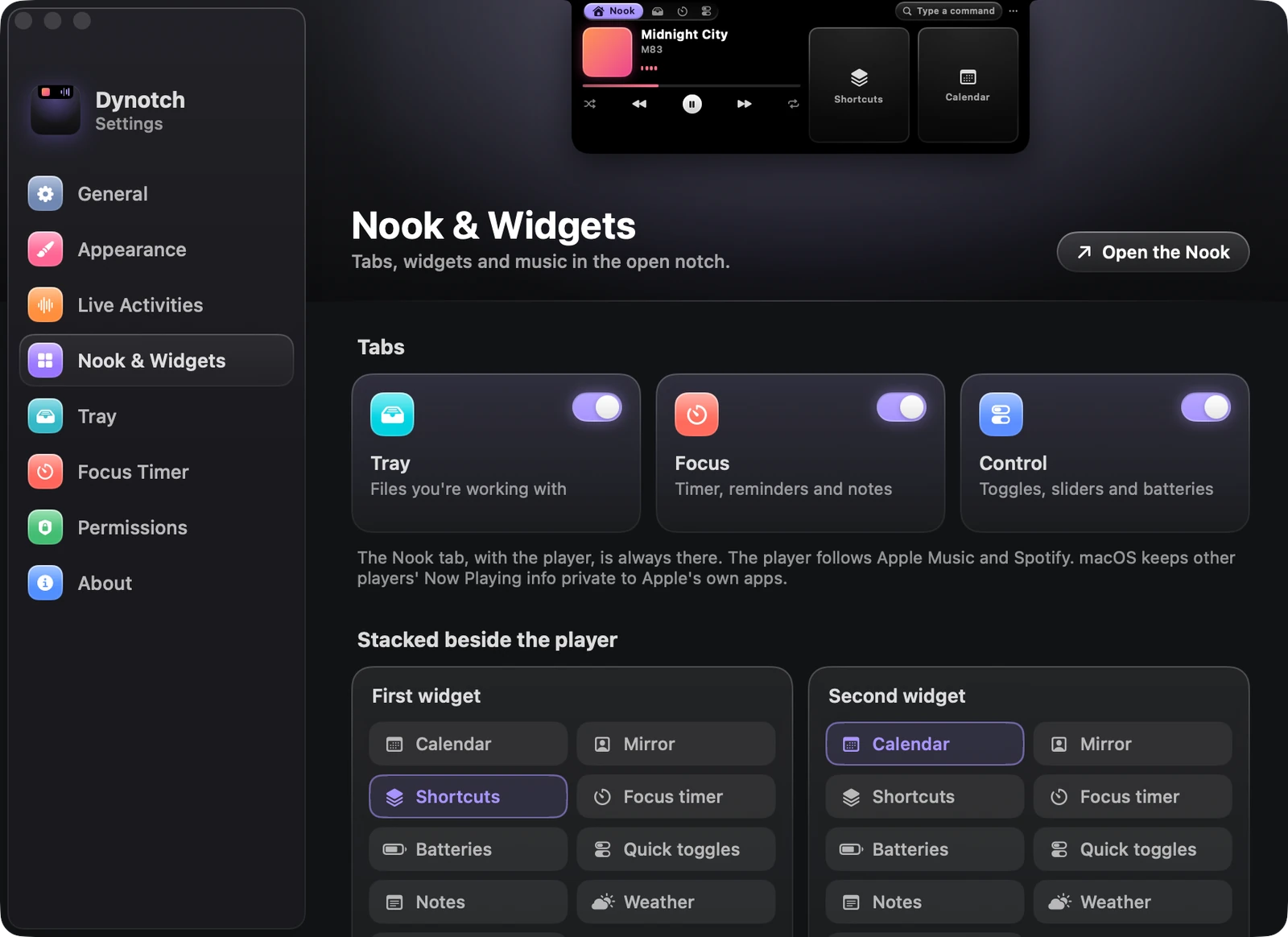 The Nook & Widgets page of Dynotch's Settings.