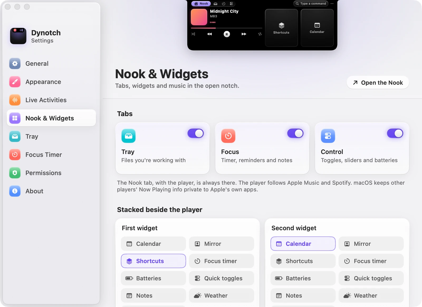 The Nook & Widgets page of Dynotch's Settings.