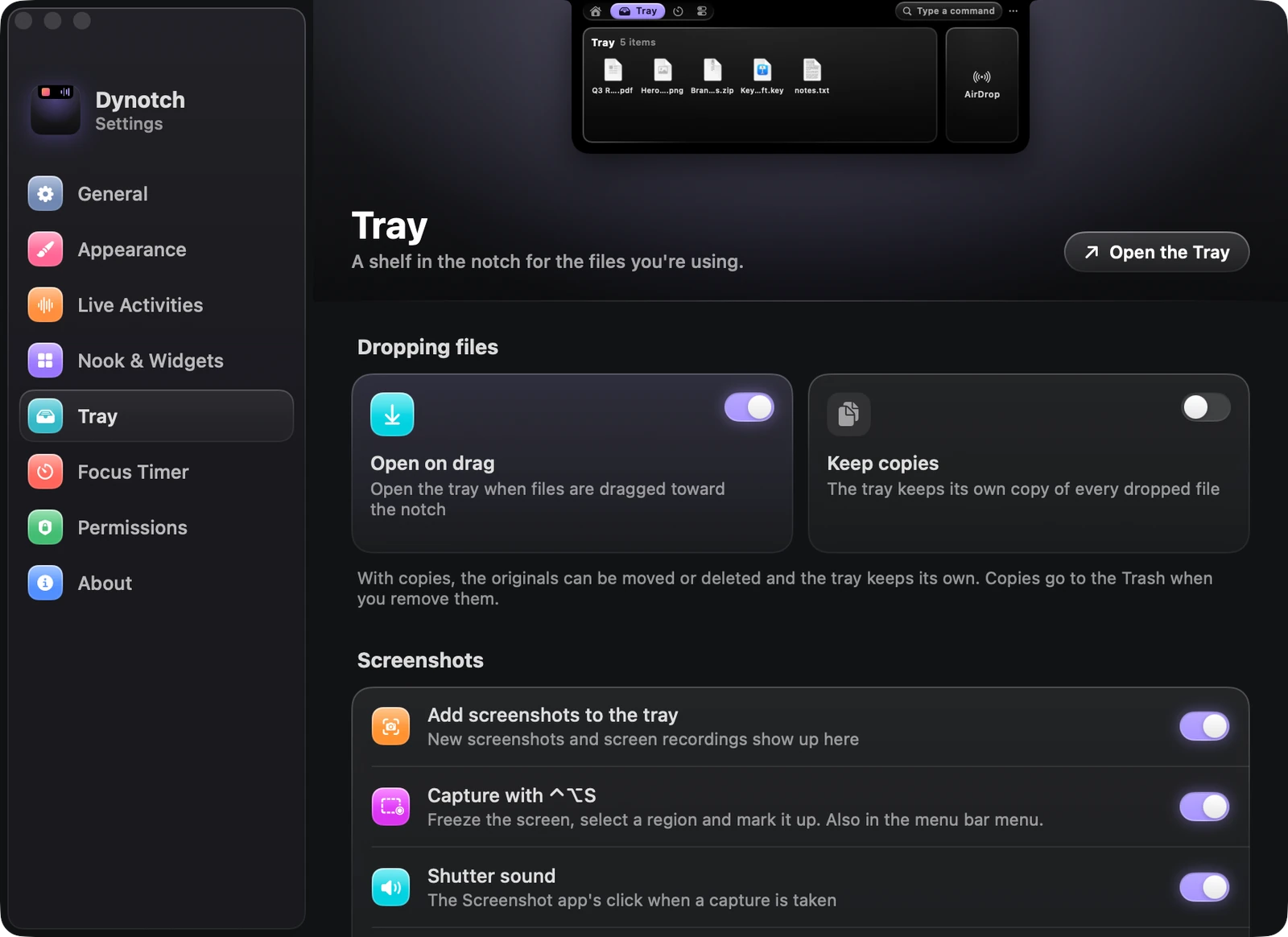 The Tray page of Dynotch's Settings.