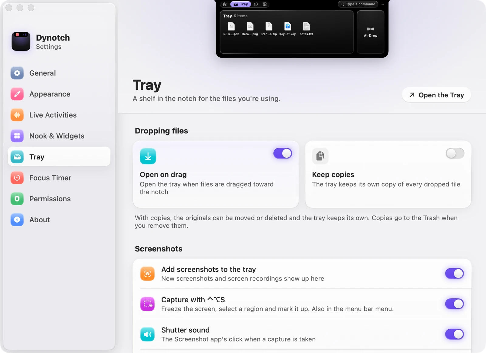 The Tray page of Dynotch's Settings.