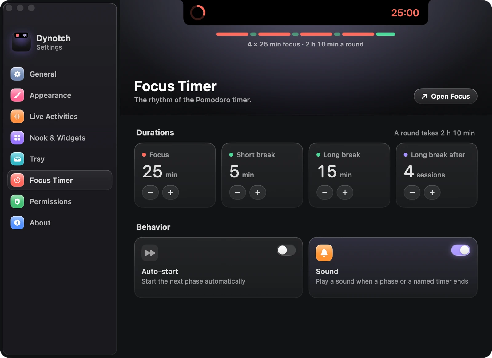 The Focus Timer page of Dynotch's Settings.