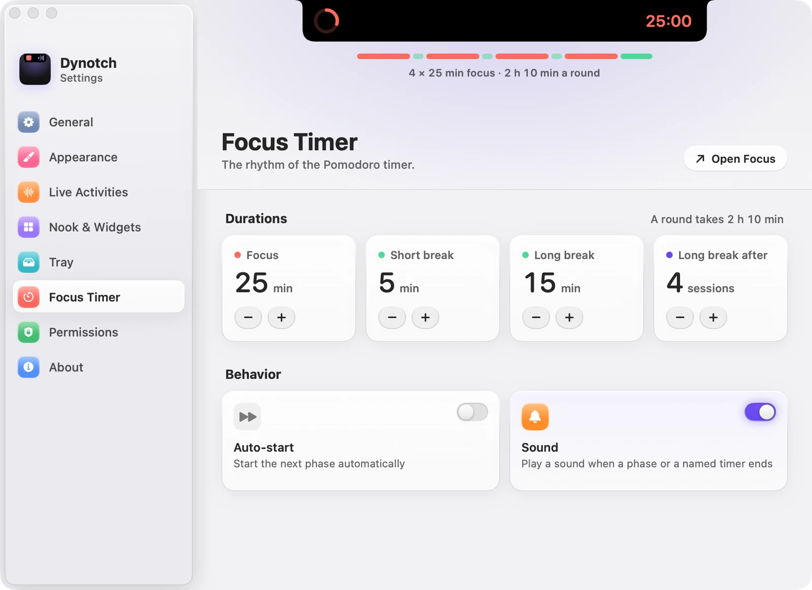 The Focus Timer page of Dynotch's Settings.