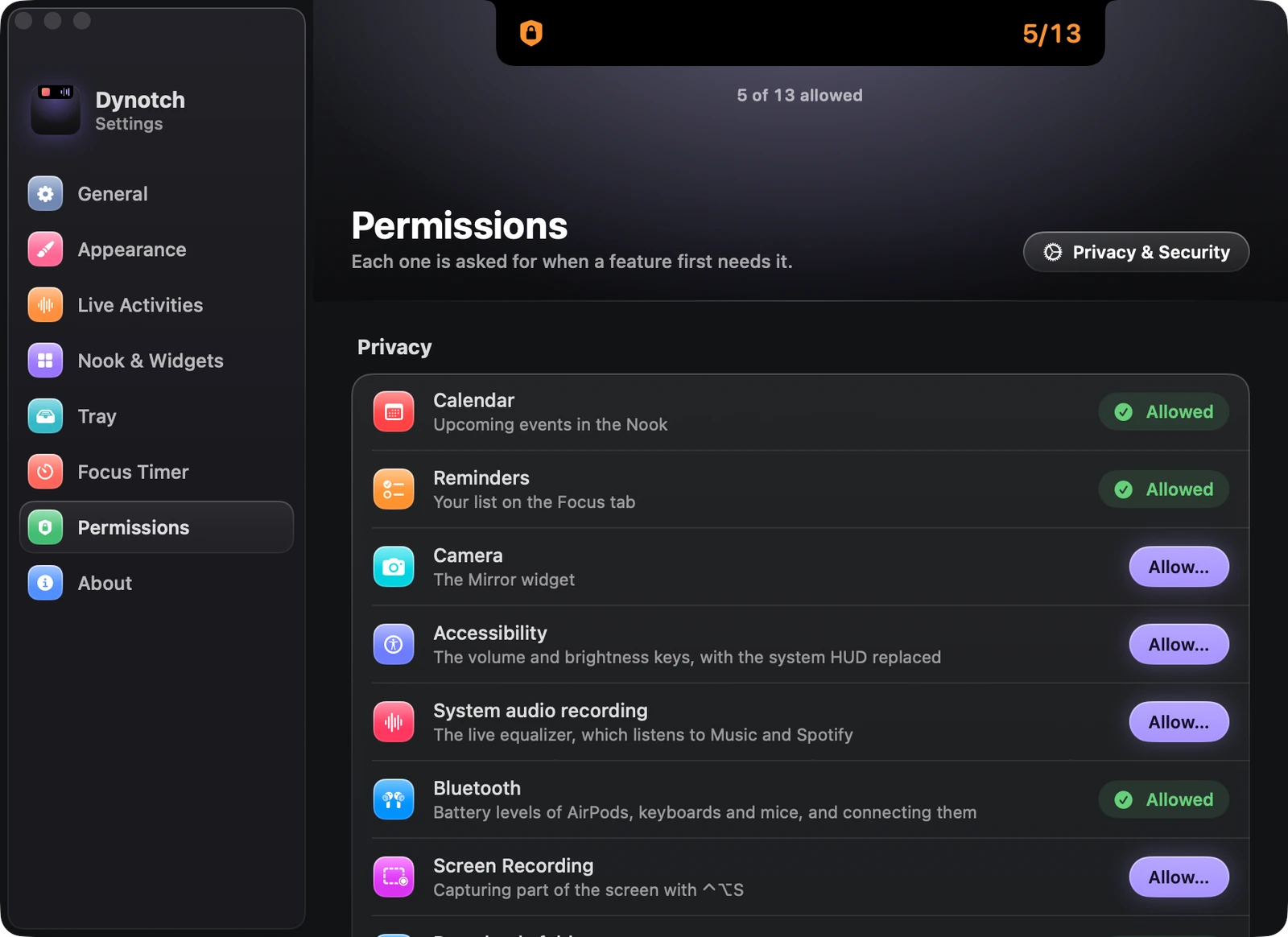 The Permissions page of Dynotch's Settings, listing each permission with its status.
