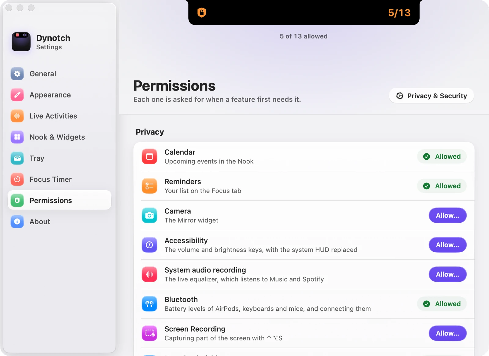 The Permissions page of Dynotch's Settings, listing each permission with its status.