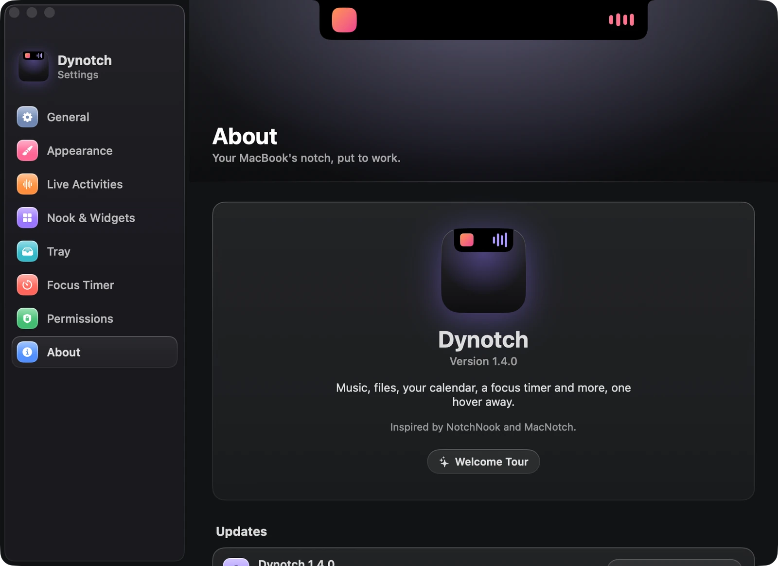 The About page of Dynotch's Settings, showing version 1.4.0.