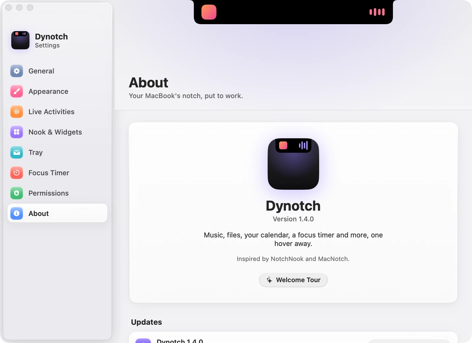 The About page of Dynotch's Settings, showing version 1.4.0.