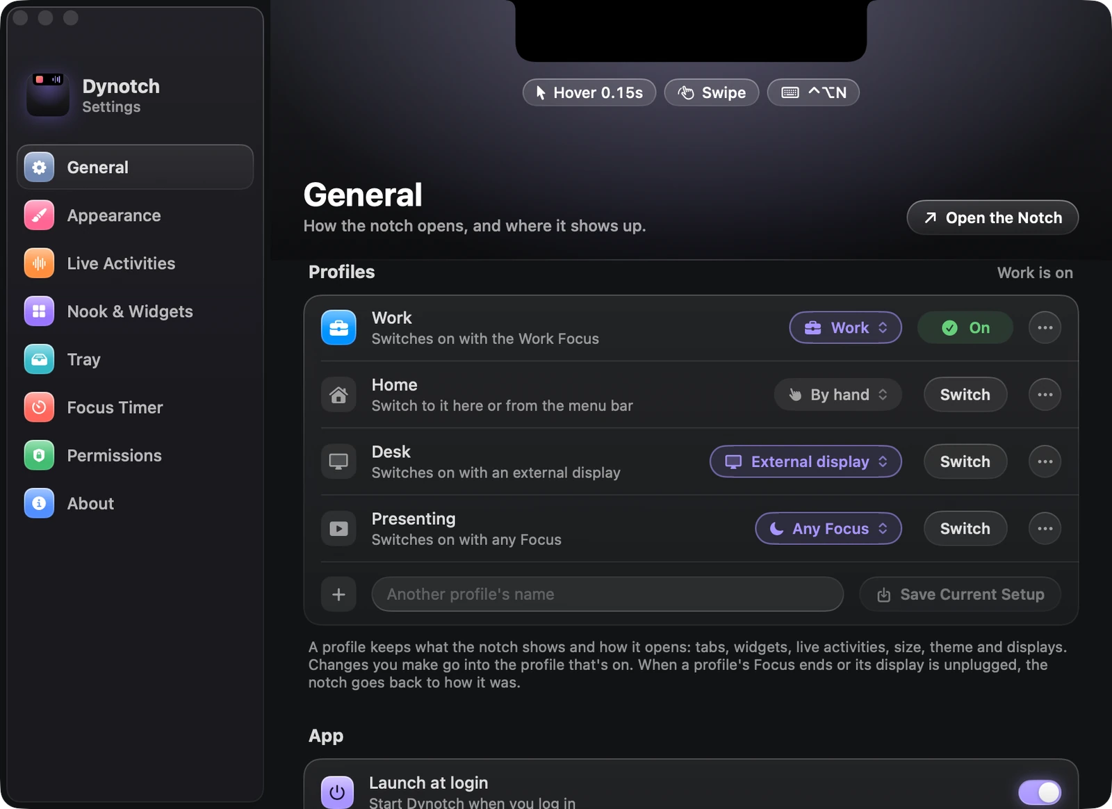 The Profiles section of Dynotch's General settings, listing Work, Home, Desk and Presenting, each with what switches it on.