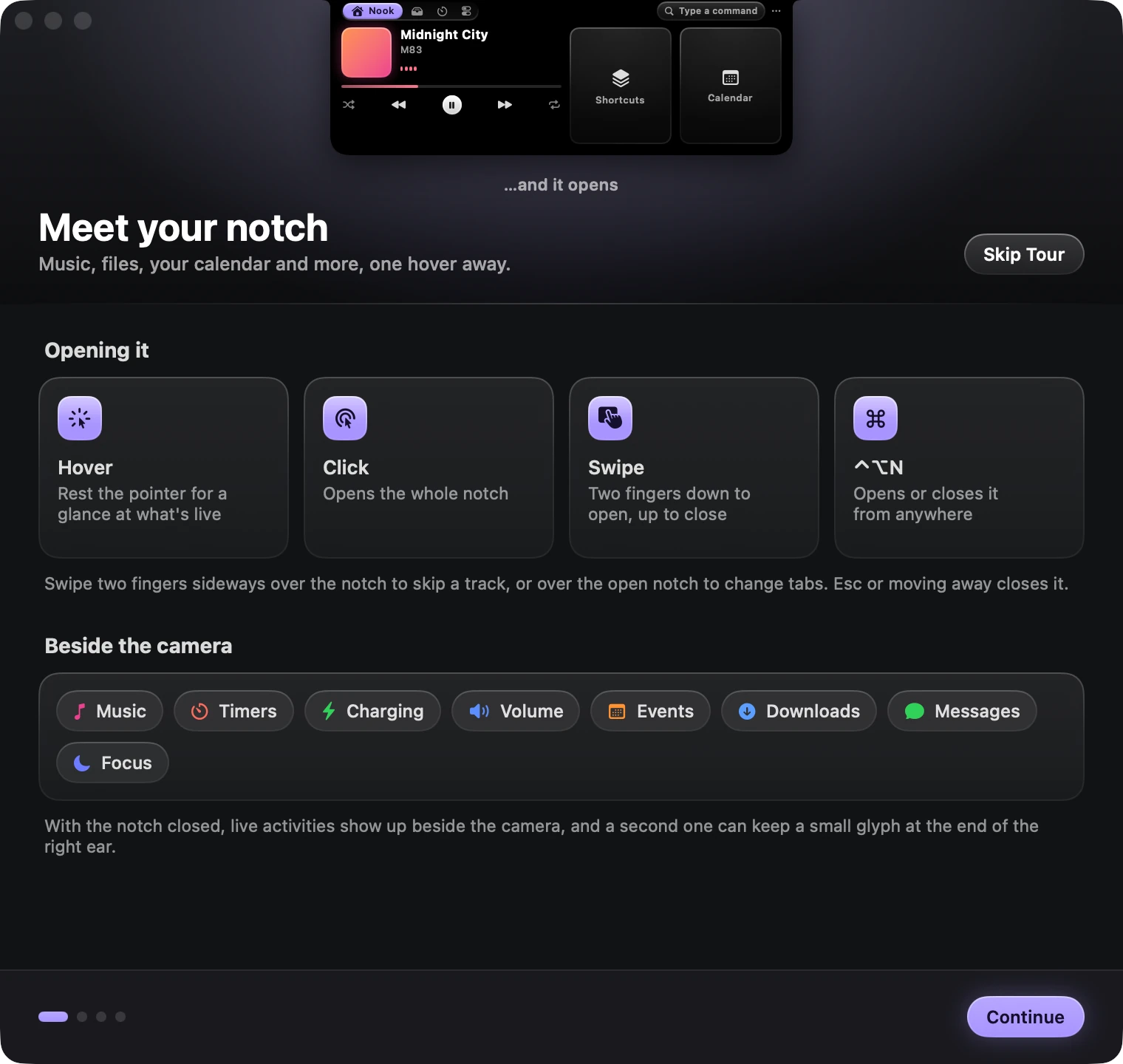 The first step of the welcome tour, showing hover, click, swipe and the keyboard shortcut, and the kinds of live activity.