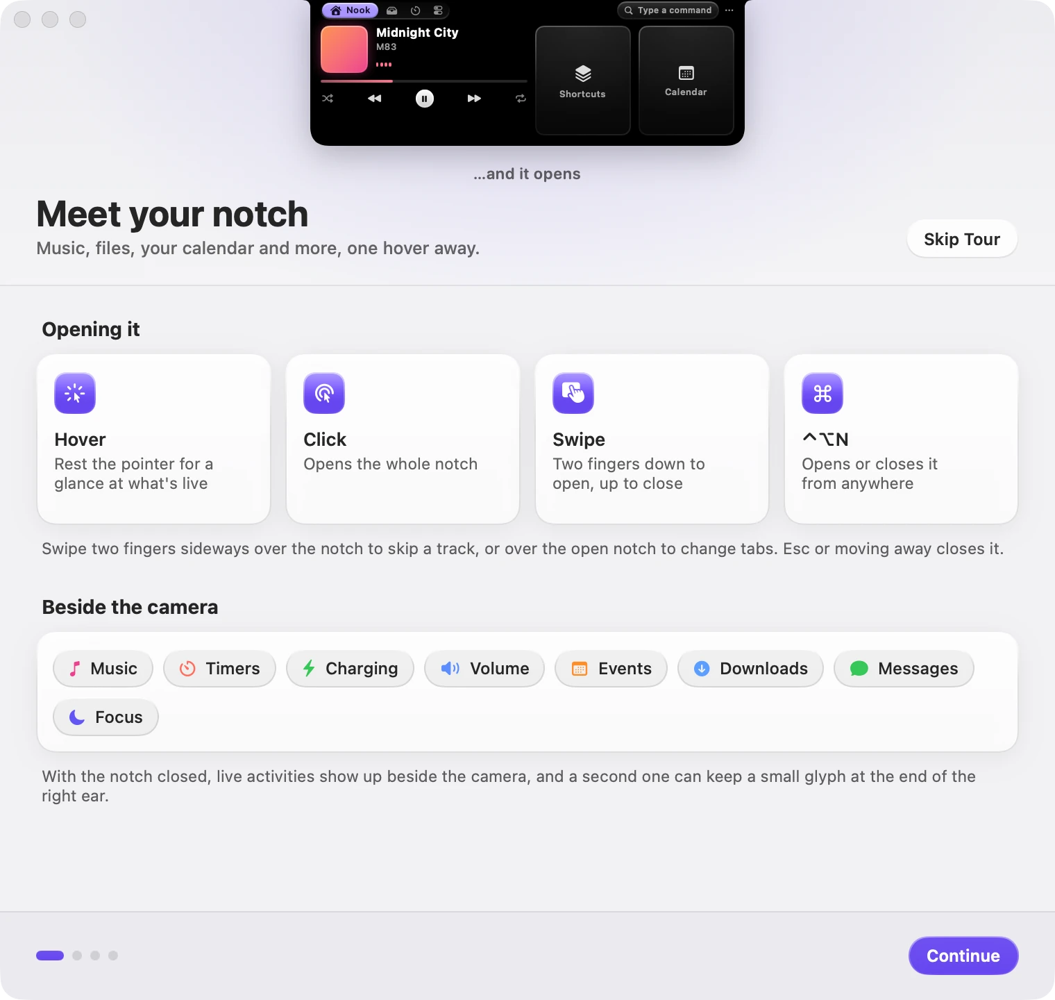 The first step of the welcome tour, showing hover, click, swipe and the keyboard shortcut, and the kinds of live activity.