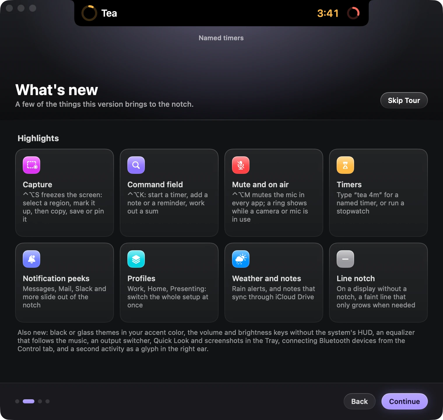 The What's new step of the welcome tour, with tiles for Capture, the command field, the microphone, timers, notification peeks, profiles, weather and the line notch.
