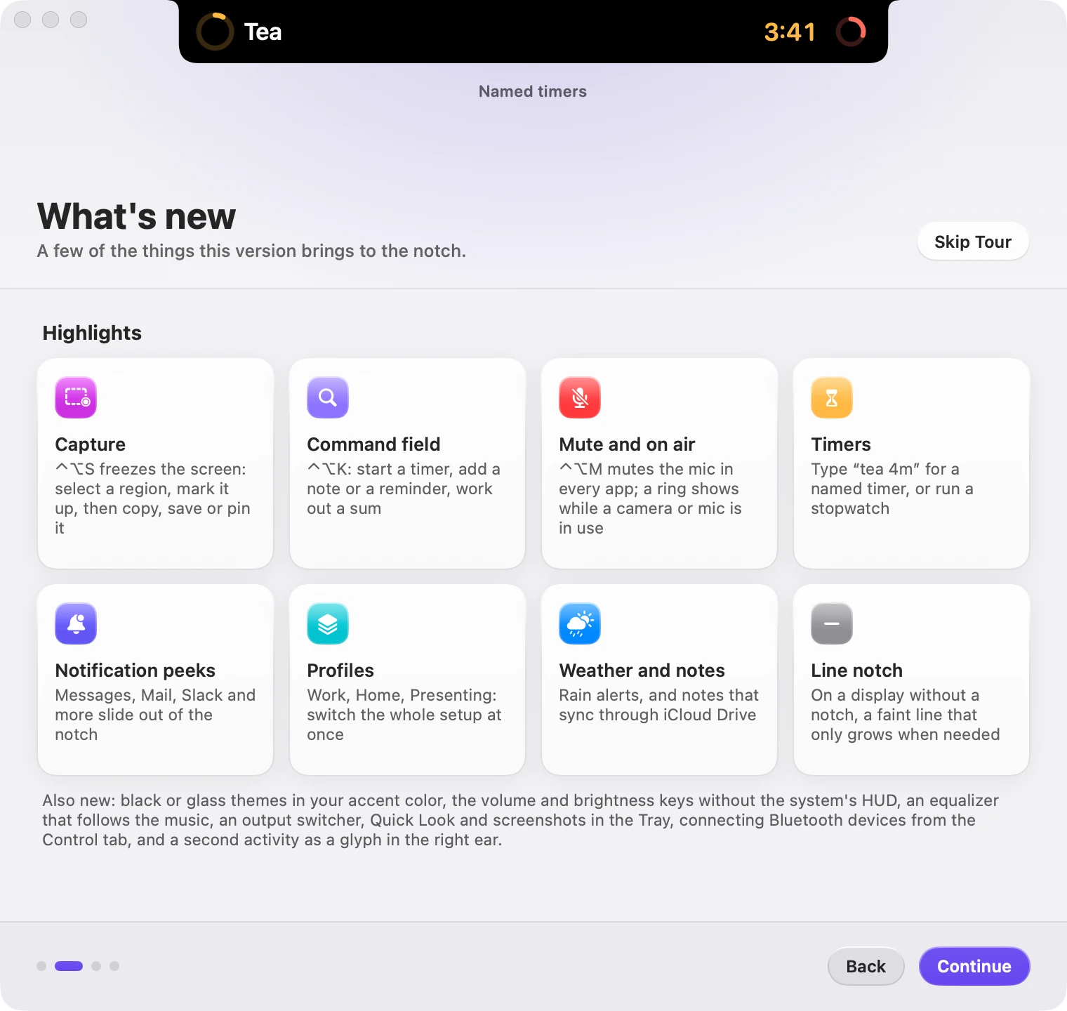 The What's new step of the welcome tour, with tiles for Capture, the command field, the microphone, timers, notification peeks, profiles, weather and the line notch.