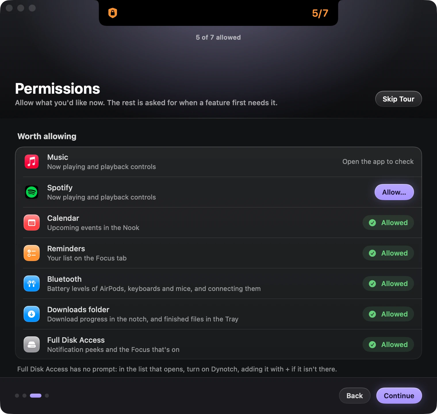 The Permissions step of the welcome tour, listing Music, Spotify, Calendar, Reminders, Bluetooth, the Downloads folder and Full Disk Access.