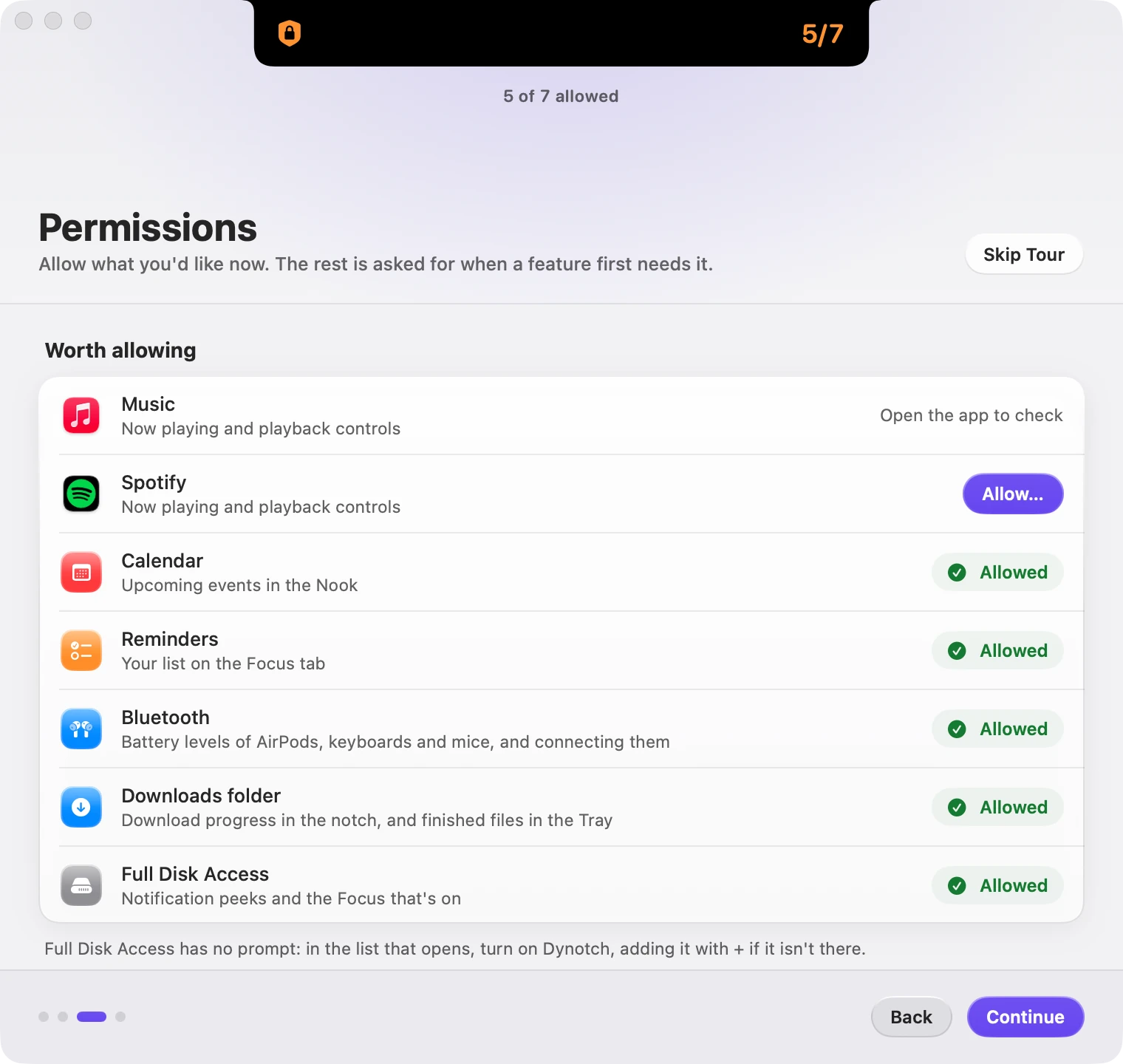 The Permissions step of the welcome tour, listing Music, Spotify, Calendar, Reminders, Bluetooth, the Downloads folder and Full Disk Access.