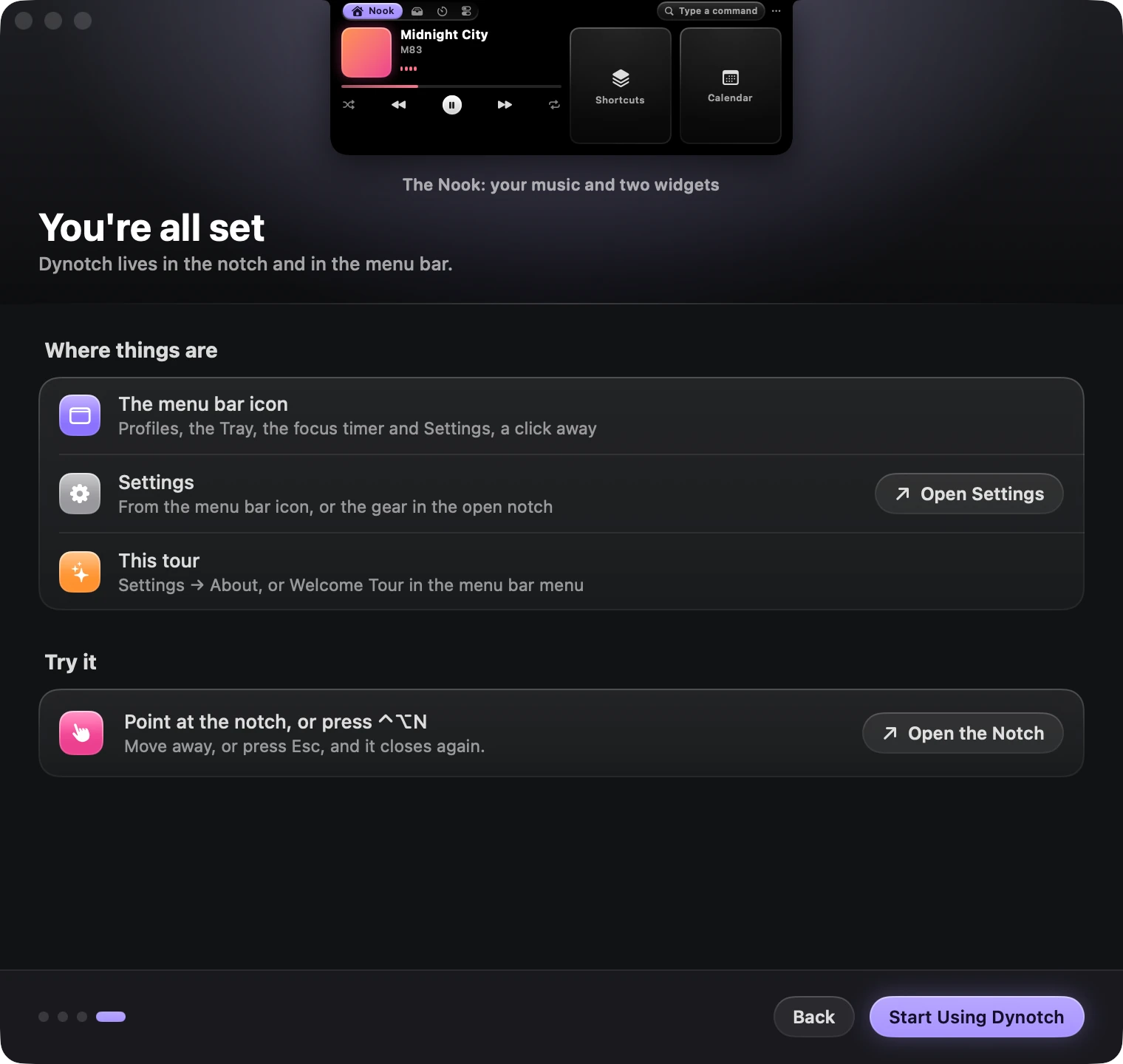 The last step of the welcome tour, pointing out the menu bar icon, Settings and the tour, with a button to open the notch.