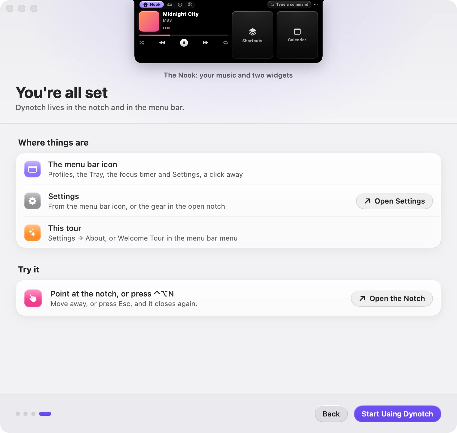 The last step of the welcome tour, pointing out the menu bar icon, Settings and the tour, with a button to open the notch.