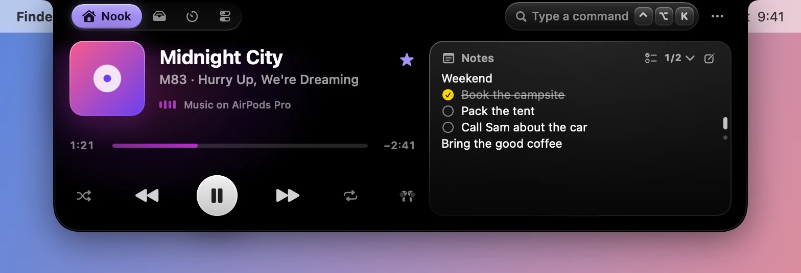 The Nook with the Notes widget, showing a Weekend checklist.