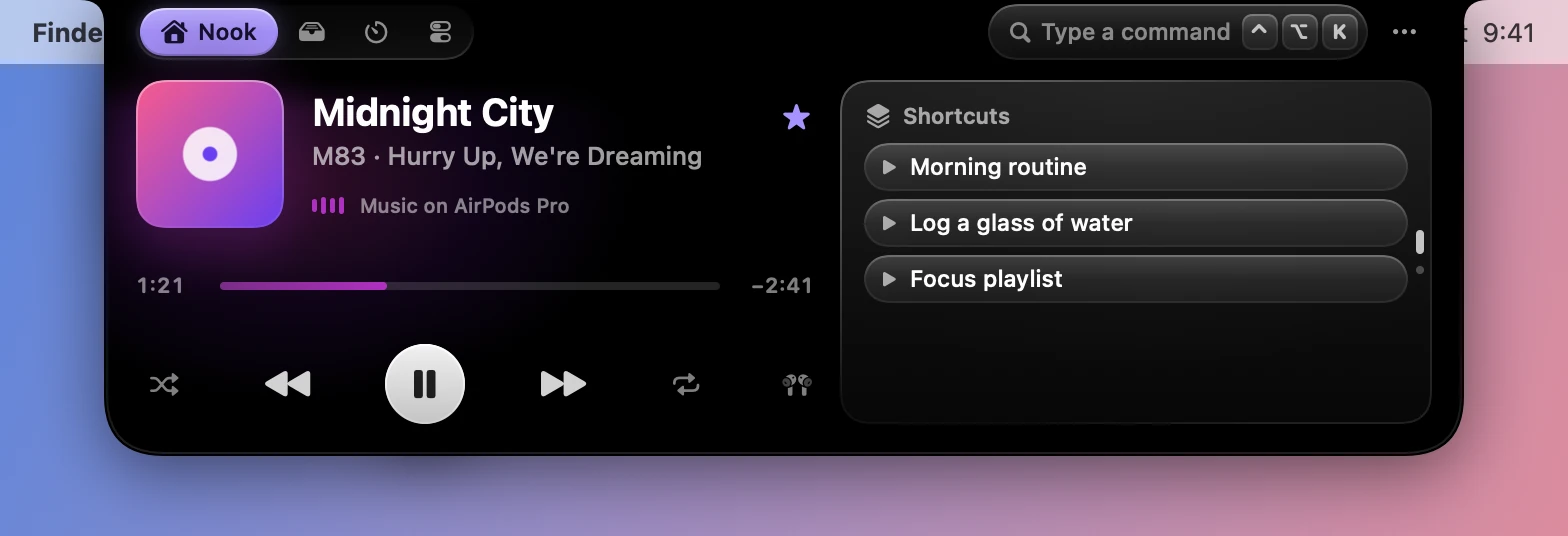 The Nook with the Shortcuts widget, listing three pinned Shortcuts.